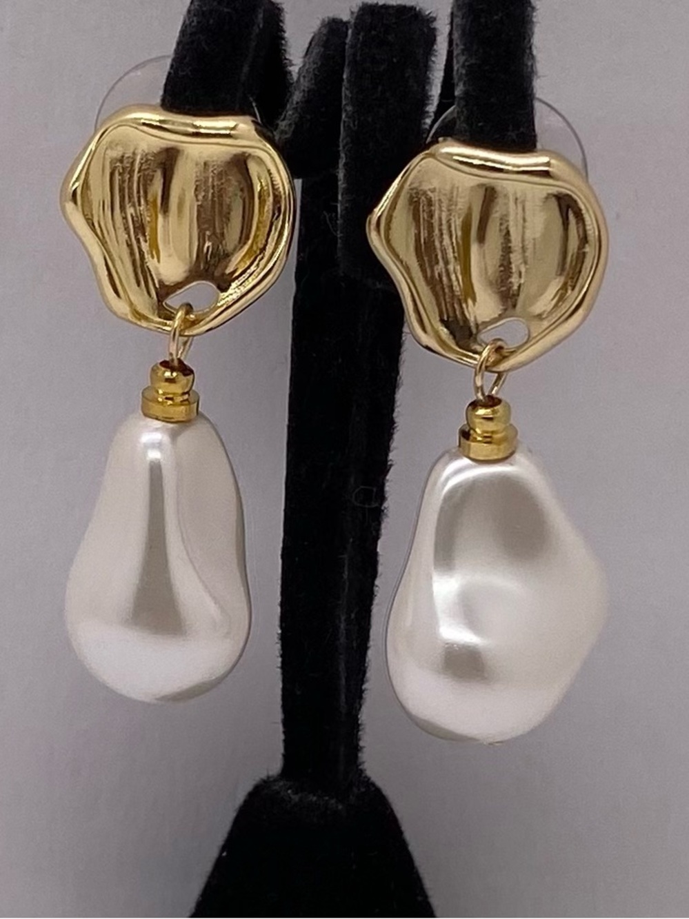 Gold Over 925 Sterling Earrings with Huge White Faux Pearl Teardrops